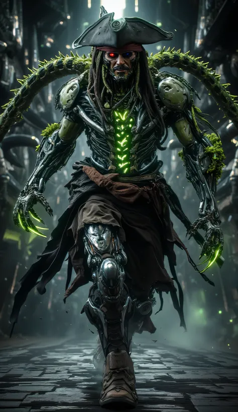 Hyper-realistic image. High quality, 8K Ultra HD. Pirates of the Caribbean Captain Jack Sparrow mutated by an alien broccoli virus, fused with bio-mechanical cybernetic technology. is running on the deck or atop a Black Pearl pirate ship. is wearing totall...