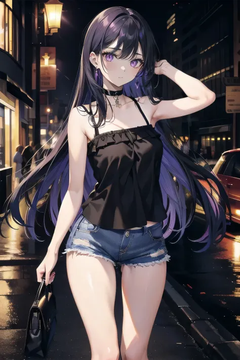 (masterpiece), (best quality), ultra detailed, finely detailed color, cenematic painting, bishoujo, model, ((one lady)), ager, cute face, black hair, absurdly long hair, straight hair, (violet eyes:1.2), purple eyes, walking, chocker, ((black camisole)), s...