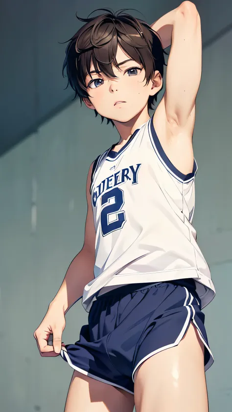 highres,Masterpiece， Best quality at best,Best Quality,hight quality, hight detailed, realistic, photorealistic, Anime style, 1boy, , Shota, Simple beckground, Cheerful boy, basket uniform,Tank top, (showing armpit, Smooth armpit), boy focus, Uhd, 4k