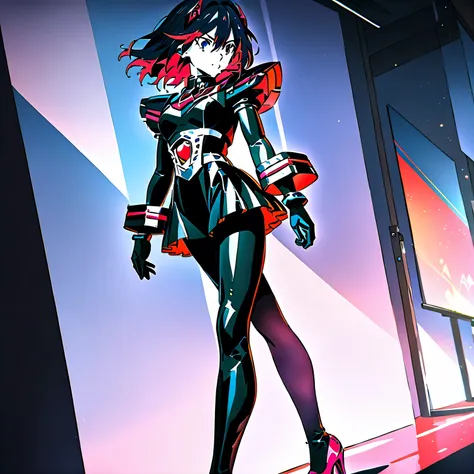 Ryuko Matoi wearing a latex Mettaton suit, right-fitting spandex, evening attire, heeled boots, hot pink heels, hot pink arm gloves, walking midday. (best quality,4k,8k,highres,masterpiece:1.2), ultra-detailed, HDR, UHD, studio lighting, ultra-fine paintin...