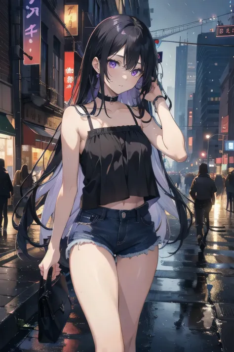 (masterpiece), (best quality), ultra detailed, finely detailed color, cenematic painting, bishoujo, model, ((one lady)), ager, cute face, black hair, absurdly long hair, straight hair, (violet eyes:1.2), purple eyes, walking, chocker, ((black camisole)), s...