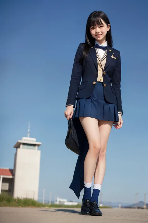 Blue sky background,Front view of a  female middle school student with black hair,Black hair with bangs,navy blue blazer with gold buttons, navy blue pleated micro mini skirt, navy blue high socks, beautiful feet,Taiwanese girl's smile,