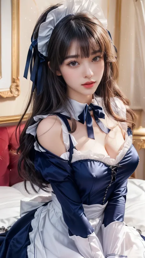 (A stunning, hyper-realistic portrait of a young woman dressed as a French maid, ultra-realistic, photorealistic, highly detailed:1.4) (Perfect skin texture, realistic lighting, cinematic quality:1.3) (Masterpiece, 8K, RAW photo:1.3) A beautiful woman with...