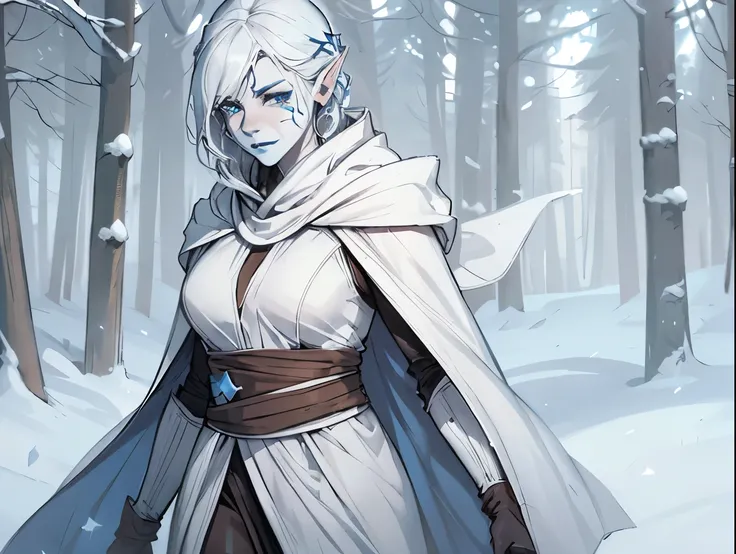 star wars, jarael, alabaster skin, white hair, blue lips, walking in a snowstorm, solo, wearing a loose billowing robe with a hood, hood up,  cold frozen tundra, facial tattoos