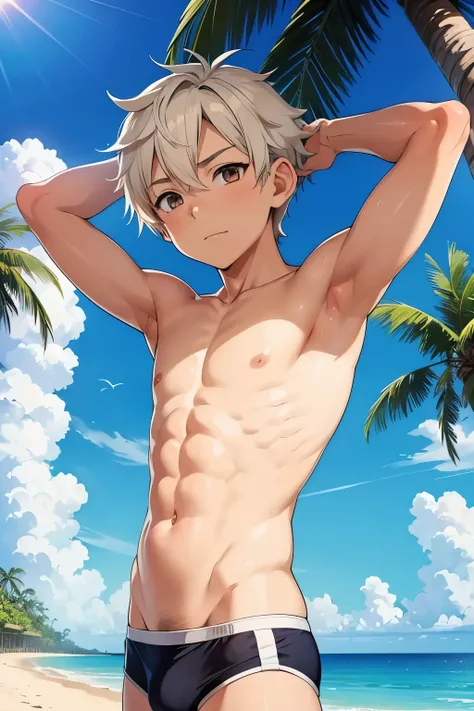 Anime style,Summer sky、Into the cloud、1boy,, Shota, hansome boy, cute face, -Boy, adorable boy, beach, coconut tree, Cheerful boy, Slim body, body only, Shirtless, Topless, Bare chest, (show his armpit, focus on the armpit, shine closer to the armpit), boy...