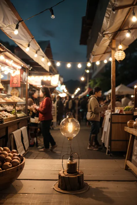 Image of wooden table in front of decorative outdoor string lights bulb in night market with blur people, Festival and holiday concepts, can used for display or montage your products