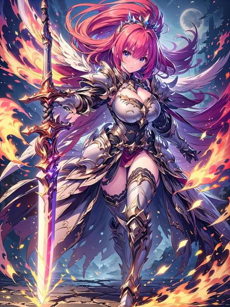 (((masterpiece, best quality, high detailed, 16k))) fantasy art, Female in metal armor holding a perfect sword, ((sword of flame)), ((close-up of sword)), (huge sword), PlantedSword, pink dress, white armor, cropped shoulders armor, plate armor, armor dres...