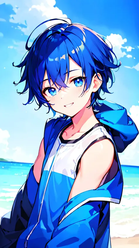 [(Blue Sky BACKGROUND:1.5),::5], ((((masterpiece)))), high quality, ultra very high resolution, full color, (((solo))), ((little younger boy)), ((men's short DeepBlue hair)), (deepblue eyes), anime, ((upper body)), Summer clothes, black parka, smile, (Frut...