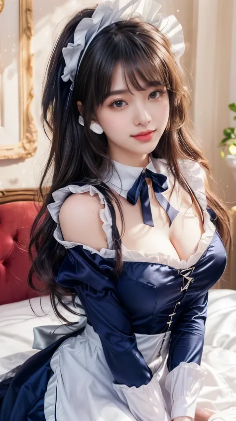 (A stunning, ultra-realistic portrait of a young woman dressed as a French maid, photorealistic, highly detailed:1.4) (Perfect skin texture, realistic lighting, cinematic quality:1.3) (Masterpiece, 8K, RAW photo:1.3) A beautiful woman with long, silky blac...