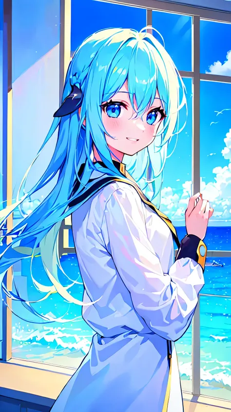 [(BLUE SKY BACKGROUND:1.5),::5], ((((masterpiece)))), high quality, ultra very high resolution, full color, (((solo))), (Younger girl), (Dolphin girl), (long Blue hair), (White streaked hair), (Ocean Blue eyes), anime, ((upper body)), Summer clothes, black...