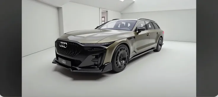 Create a high-quality, realistic rendering of a futuristic Audi A4 station wagon with a sleek and aggressive design. The car should feature a bold black honeycomb grille, sharp LED headlights, and a muscular front bumper. The body should have a metallic ol...