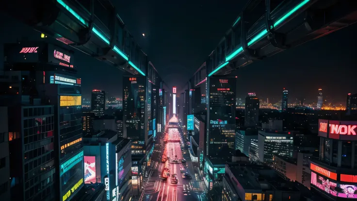 A futuristic cyberpunk cityscape glowing with neon lights—vibrant purples, blues, and pinks. The perspective is dynamic, with a sense of movement, evoking high-energy gaming vibes. A sleek, modern style with a digital tech feel, no human

