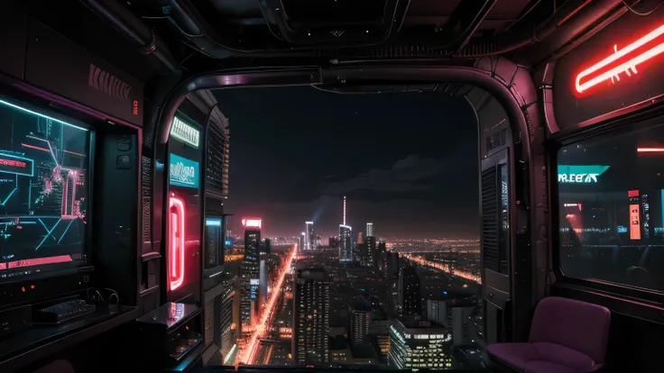 A futuristic cyberpunk cityscape glowing with neon lights—vibrant purples, blues, and pinks. The perspective is dynamic, with a sense of movement, evoking high-energy gaming vibes. A sleek, modern style with a digital tech feel, no human

