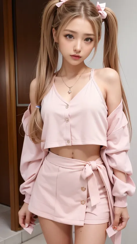    tanning:1.5、 beautiful jacket   、Gal clothes、(   Top Quality , 8k,   masterpiece,   RAW photo : 1.3),    Beautiful Korean Women with Good Proportions  , toned body、 (  Highlight color hair pink   、  ear piercing、  necklace、    twin tails on legs  ヘア),  ...