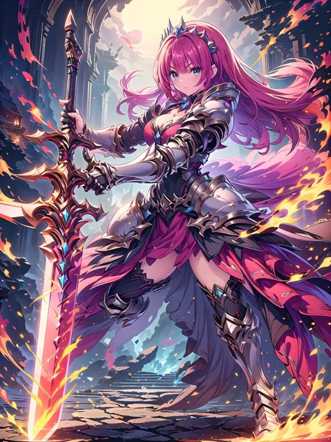 (((masterpiece, best quality, high detailed, 16k))) fantasy art, Female in metal armor holding a perfect sword, ((sword of flame)), ((close-up of sword)), (huge sword), PlantedSword, pink dress, white armor, cropped shoulders armor, plate armor, armor dres...