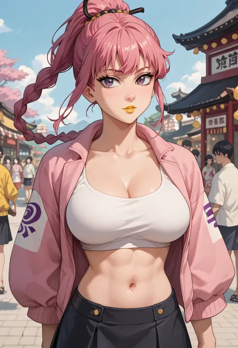 woman, big breasts, pink hair, purple eyes, white skin, yellow lipstick, anime style, ponytail, open pink jacket, Japanese festival, short white blouse, exposed belly button, black skirt, braided hair, Lu Shaotang, Sakamoto Days