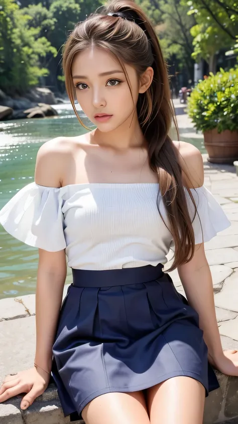  tanning:1.5、 off shoulder 、Gal clothes、( TOP QUALITY, 8k, masterpiece,  RAW photos : 1.3), Beautiful Korean Women , A toned and well-trained body、 earrings, Thin Bracelet, whole body,  Highly detailed faces and skin tones、 beautiful eyes,  by Nomi,  encha...