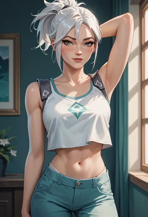 score_9, score_8_up, score_7_up,source_anime, high res image,masterpiece,best quality,girl,cute face,clear skin,jett_valorant,white hair,white tanktop,blushes,seductive,shy smile,arm raised,short pants,sexy belly,