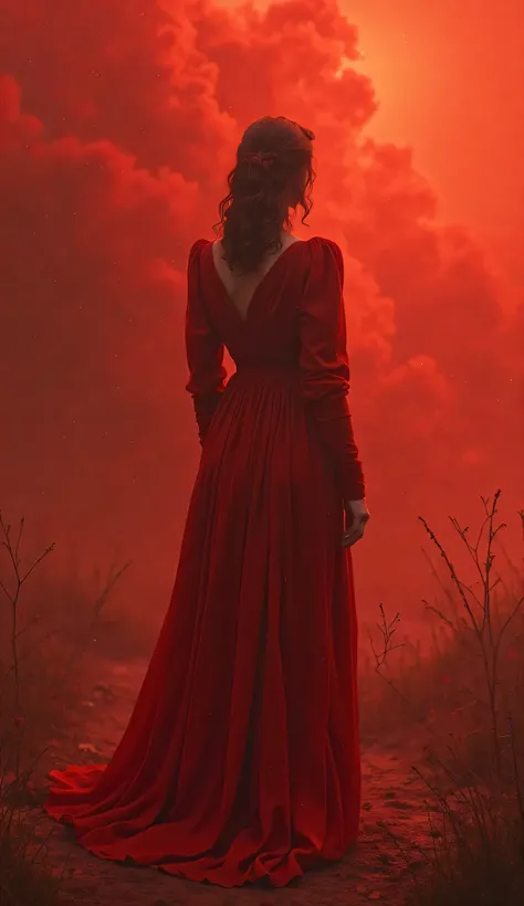 a women body dressed in red dress and in the background there is  red clouds and dust  with mistery vibe and her face is not showing and the dress is modest with long sleevs and she is turned back 