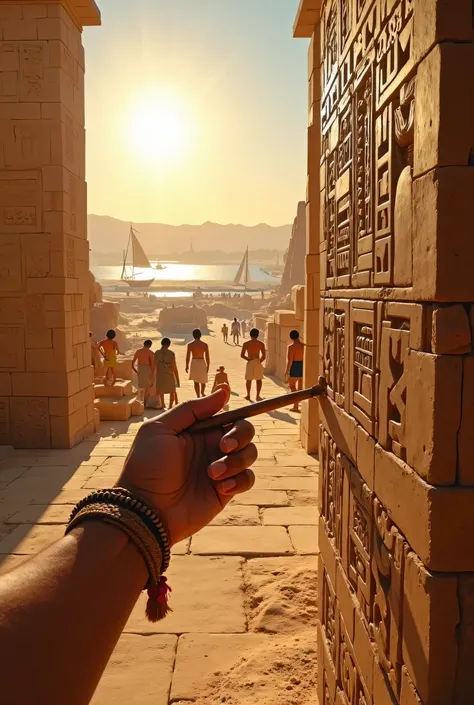 An ultra-realistic image in POV (point of view) style, capturing the first-person perspective of an Egyptian worker during the reign of a pharaoh. Your hands are visible, holding a copper tool as you help carve hieroglyphs into a large stone wall. Around y...