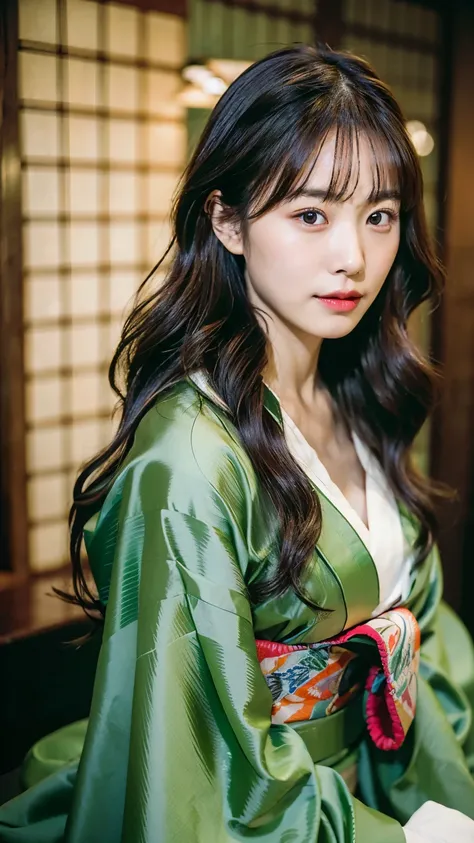 top quality, 1 beautiful woman, wavy long hair, (perfect face:1.3), wearing green kimono, sitting, 35mm lens, f/1, large chest, feeling good, at traditional Japanese dark room, Underexpose Lighting, upper half body, (dark night:1.3), Facing forward