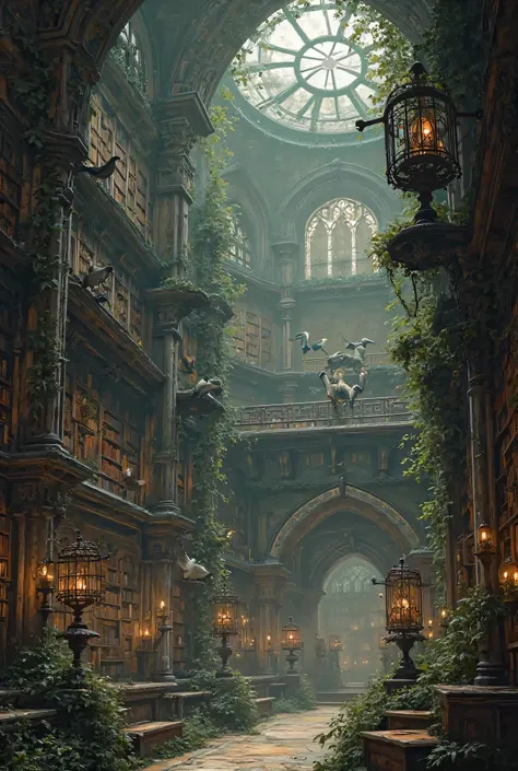 Aviary with Gothic vibes inside a giant library, with birds without bright colors and of different sizes 