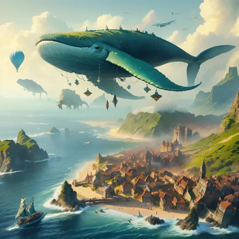 there is a whale flying over a small city on the ocean, flying whales,  realistic fantastic illustration ,  epic illustrations in 3D , flying whale, by Alexander Kucharsky, fantasy matte painting，, realistic fantasy art ,  hyperrealistic fantastic art , an...