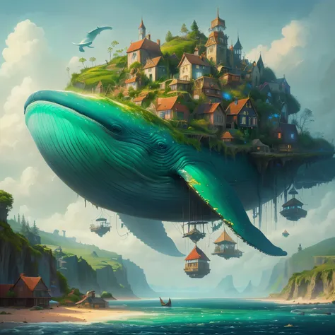 there is a whale flying over a small island with houses, fantastic and whimsical landscape art, and fantastic art, realistic fantasy art ,  realistic fantastic illustration , fantasy surrealism, flying whale, realistic fantasy painting, Surrealist digital ...