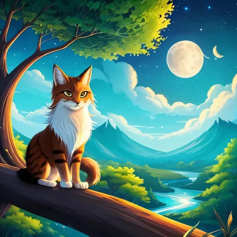 painting of a cat sitting on a tree branch with a moon in the background, a digital painting inspired by Cyril Rolando, Artstation, furry art, anthro art, very very beautiful furry art, furry fantasy art, loish |, a mythical creature, mythical creature, ve...