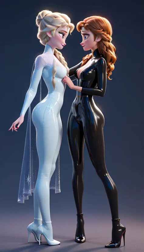 sexy astronaut anna and elsa looking at each other with passion, sexy latex suit with high heels