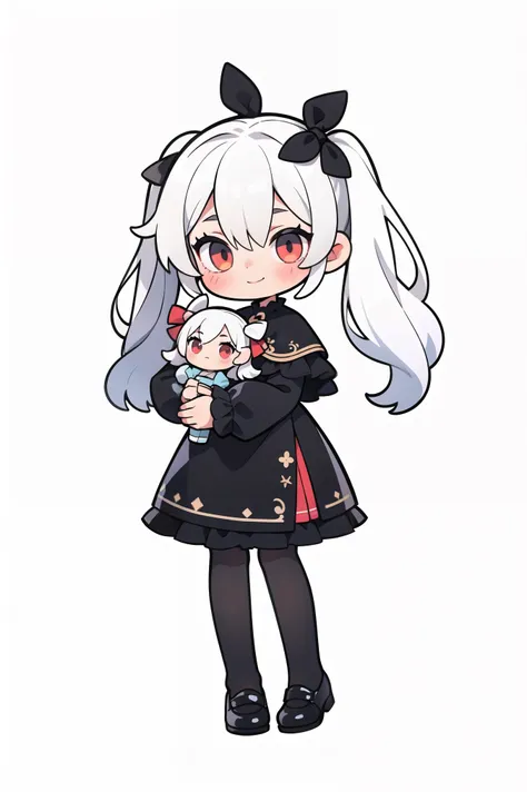 1girl,solo,dress,long hair,(white background),simple background,twintails,full body,long sleeves,(hair bow),bangs,white hair,looking at viewer,shoes,sleeves past wrists,very long hair,chibi,hair between eyes,(frills),closed mouth,rich color layers with str...