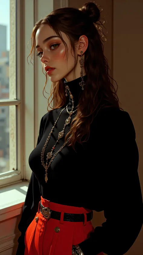 8k, masterpiece, highest quality, woman, long wavy brown hair, messy bun, black v-neck sweater, red high-waisted pants, elegant makeup, standing by window, natural light, portrait, fashion photography, soft focus, shallow depth of field, high resolution, d...