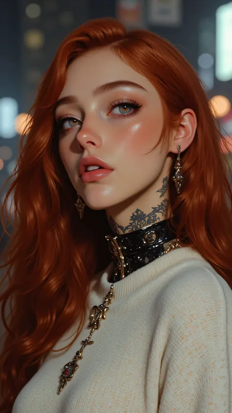 8k, masterpiece, highest quality, woman, vibrant red hair, long wavy hairstyle, white knit sweater, black choker necklace, urban setting, soft lighting, bokeh background, fashion photography, elegant pose, striking blue eyes, flawless makeup, pale skin, de...