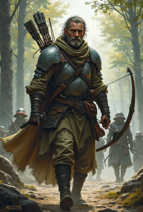 Image of a ranger patrol, but battle marks, light armor, And bow and close. com referencia a d&d