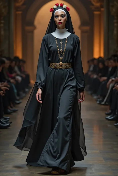 Create a photo of a normal runway where designer clothes are modeled with a model in the foreground and the background blurred which is a nun model dressed as Catrina with her face painted as Catrina without flowers only a turban