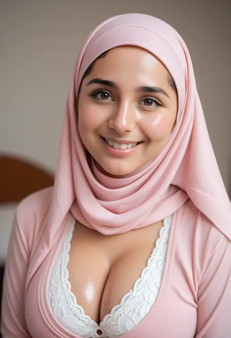 Naked, (((VERY SHINY SKIN))), Very cute like a baby face, ((Stylish Ruffles Hijab)), adorable, 1 girl, , baby face, shy, half body portrait,smile,  (face details: 1), (eye details: 1), ((round large breasts, cleavage)). Cute posed. proportional body. Ultra...