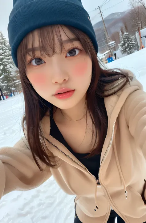 nsfw, white ski jaket, open shirt, on ski, snow cap, bottomless, in the snowy mountain, skiing, medium boobs, Nipples, vagina, show off pussy, pubic hair, cowboy shot, black hair, sensual expression, full body:1.4, spread legs, ( Clear Eyes:1.4), ( very c...