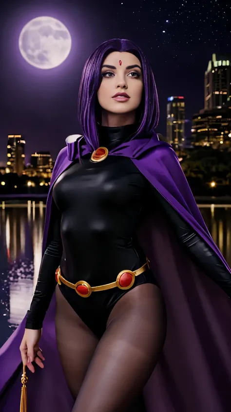 illustration of Raven from DC Comics,(Laura Marano), Raven, turtleneck, Black leotard, Black cape, hood, purple hair, forehead jeEmel, purple eyes, short hair, Belt, tight skin, standing, cleavage, toned, pose, night , moonlight, ((posing)), movement lines...