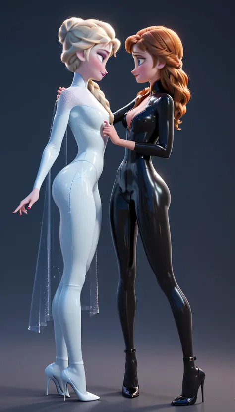 sexy astronaut anna and elsa looking at each other with passion, sexy latex suit with high heels