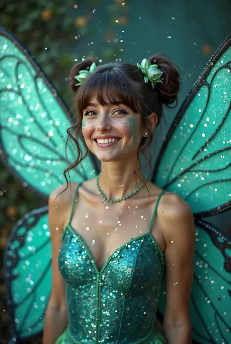 A smiling fairy blowing carnival glitter, taken with Canon EOS R5,  define a strong contrast that accentuates the subject, big wings, using a hairstyle with two side bangs, clothes in a single color , preferably a bluish green tone and no background