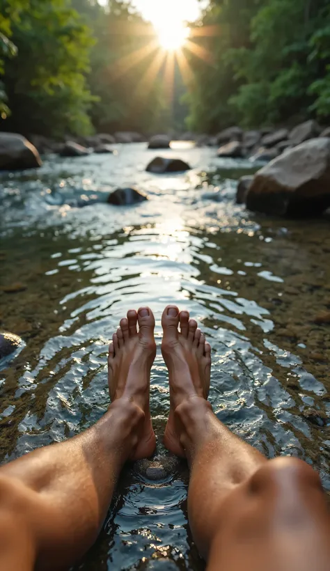 First person, Aruã stretches beside a crystalline stream. The view shows bare feet, large and muscular, In the wet sand, with flowing water reflecting the sky. In the background, the dense forest and the first rays of the sun. details in 8k: male skin text...