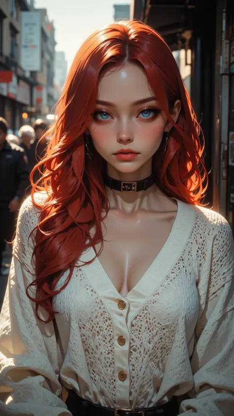 8k, masterpiece, highest quality, woman, vibrant red hair, long wavy hairstyle, white knit sweater, black choker necklace, urban setting, soft lighting, bokeh background, fashion photography, elegant pose, striking blue eyes, flawless makeup, pale skin, de...