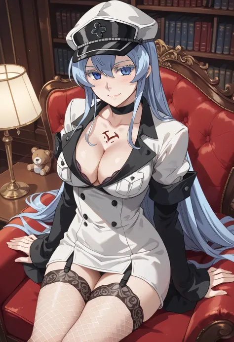 esdeath, 1girl, blue eyes, light blue hair, long hair, eyelashes, solo, 1girl, breasts, wearing a violet silk top with a plunging neckline to her midsection, with studded garters and fishnet stockings faintly torn, curled up provocatively in a plush armcha...