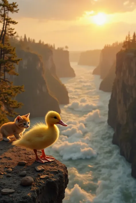 The duckling, now healthier, waddles beside the kitten as they stand at the edge of a high cliff overlooking a rushing river. The wind ruffles the duckling’s soft yellow feathers, and it lets out a cheerful quack. The kitten, playful and curious, bats at s...