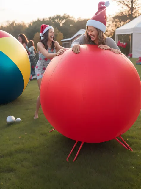 there is a  riding on a giant ball in the grass, inflatable, inflateble shapes, insanely inflated hips, profile pic, spheres, life size, having a great time, sphere, metaballs, nostalgic memory, very coherent, bouncing, behind the scenes, ginormous, bouncy...