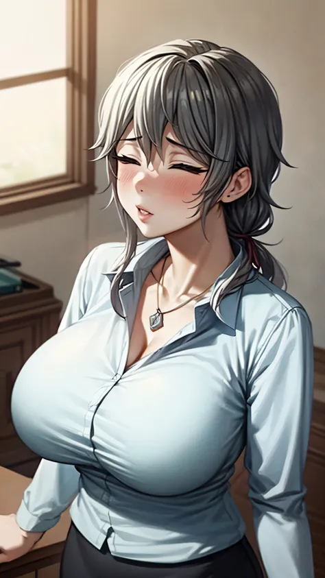 （ Super Quality , super high resolution,16k,super masterpiece,Ultra HD , detailed shading and background,）Upper body shot,Sexy Wife,Long silver hair put together, close your eyes,sexy long sleeve white shirt,Big Breasts, Chest Valley,necklace, pencil skirt...