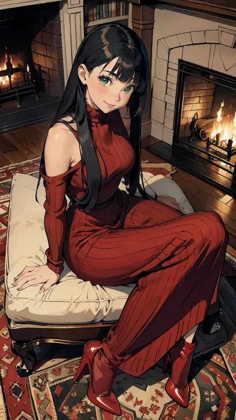    ((masterpiece, high resolution, better quality, better details)), ((Smiling)), ((one girl)) a girl sitting on a plush carpet in a cozy home library, full body, wearing a long, soft knit sweater dress, ((long dress without openings)), ((Louboutin high he...