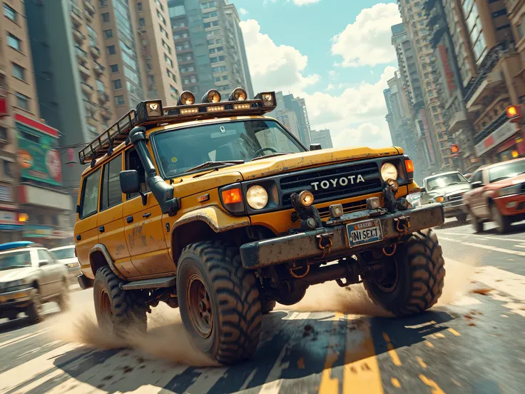 Toyota Landcruiser hj45 in the frenetic city dodging cars at full speed