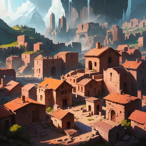 there is a painting of a city with a mountain in the background, andreas rocha style, silvain sarrailh, painterly concept art, ancient city, ancient city landscape, by Aleksander Gine, stylized concept art, concept world art, environment concept art, digit...