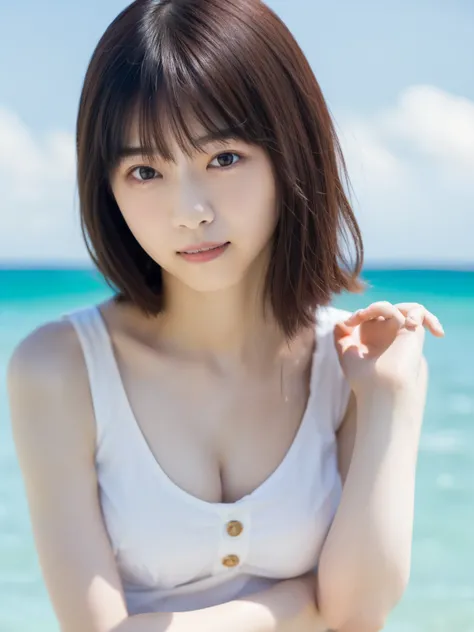  Greatest Masterpiece 、 TOP QUALITY ,  super high resolution、Wore a tight white tank top made of ribbed material with buttons and a pale mint green flared skirt１A beautiful Japanese girl is standing on the edge of the waves、 big breasts、 I can see a little...